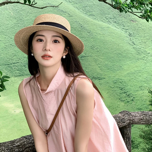 草帽子女夏季 法式 防紫外線海邊禮帽編織情侶遮陽防曬顯臉小太陽帽