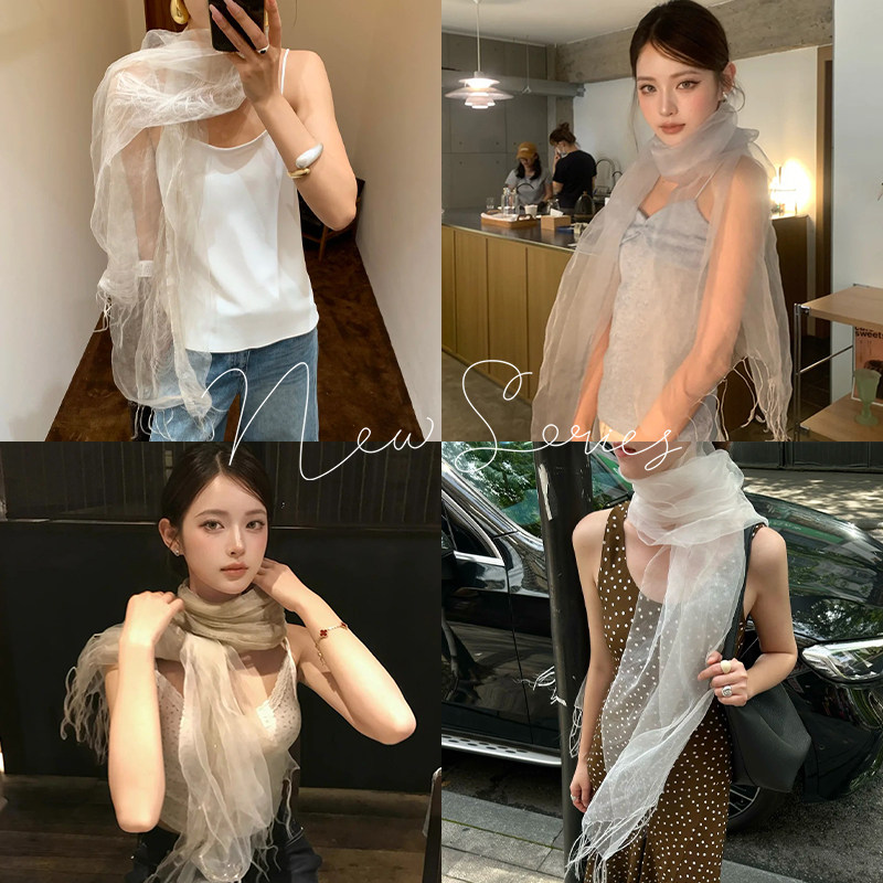韩系真丝白超仙百搭披肩丝巾