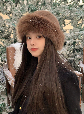 仿皮草貂毛帽子女秋冬季毛绒渔夫帽显脸小高级感保暖护耳雷锋帽