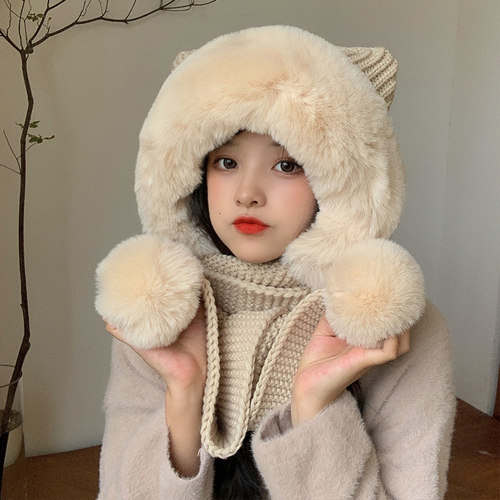 韩版连体帽子可爱护耳女冬围巾