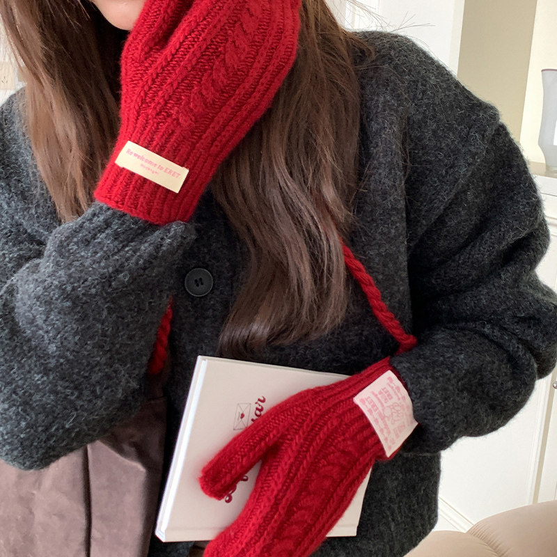 可触屏棉手套女秋冬季保暖加绒加厚毛线针织骑行挂脖防寒百搭手套