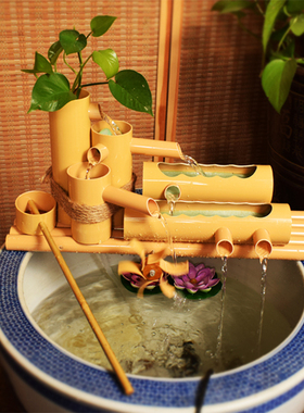 仿真竹子流水器陶瓷鱼缸鱼盆过滤器风水轮车招财摆件喷泉加湿增氧