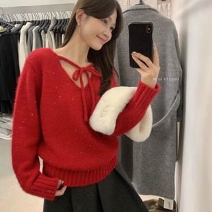 节日氛围感红色亮闪V领系带毛衣女气质显瘦软糯两面穿针织衫上衣
