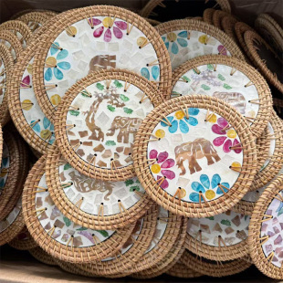 东南亚轻奢贝壳镶嵌隔热杯垫碗垫藤编贝壳大象款 杯垫彩贝手工编织