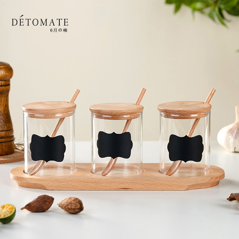 家用玻璃调味罐三件套创意厨房用品木制盐罐糖罐组合套装调味盒