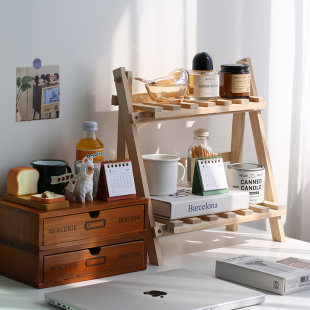 简约ins木质双层桌面置物架宿舍房间卧室书桌收纳整理架拍照道具