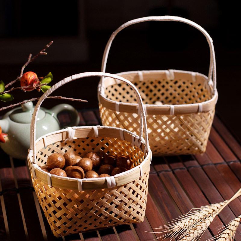 竹编小提篮圆形提手茶点水果篮子创意小品包装竹篮礼采摘篮椭圆