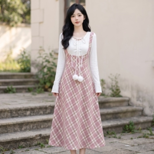 妙妙家【可爱甜心】大码胖mm2026年秋粉高腰连衣裙收腰显瘦遮肚女