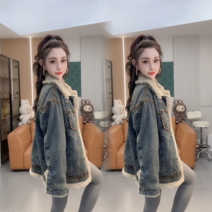 复古牛仔风仿羊羔毛拼接短外套女2025年冬季新款加绒加厚减龄夹克