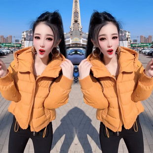 冬季简约风黄色连帽短款棉服女新款加厚保暖百搭显瘦面包服外套潮