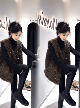 高级感毛绒绒仿羊羔毛马甲女双排扣保暖加厚时尚复古法式马夹外套