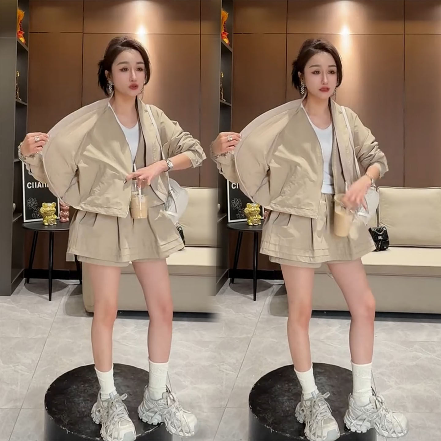 温柔慵懒风卡其色宽松外套裙子套装女春季显瘦百搭高级感两件套潮