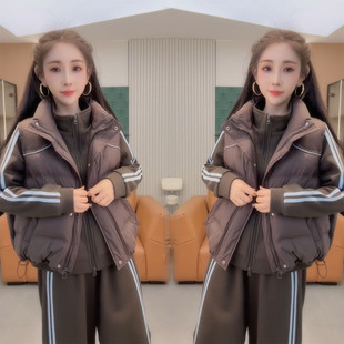冬季新款百搭加厚时尚减龄三件套女韩版撞色棉马甲卫衣阔腿裤套装