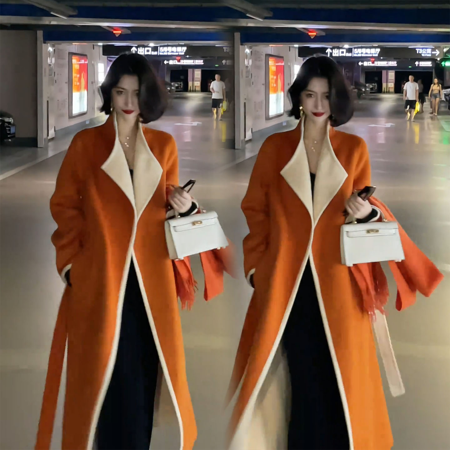 轻熟风撞色大翻领中长款风衣女