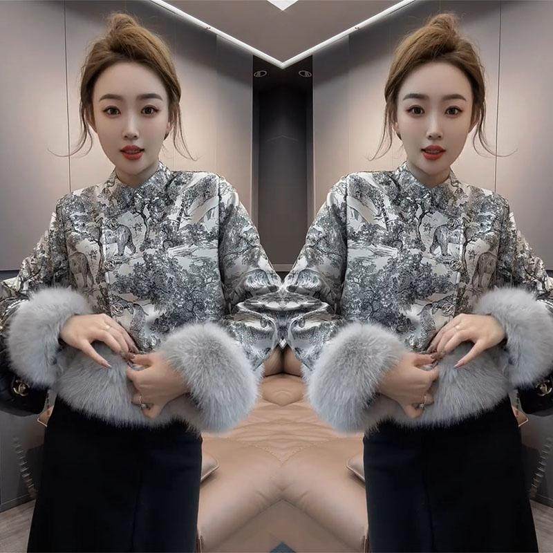 水墨画外套女新中式国风立领盘扣毛毛袖外套复古爆款印花上衣女士