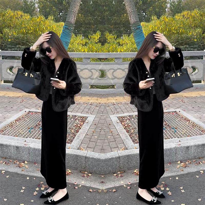 冬季新款环保毛毛短外套丝绒半身裙套装法式名媛轻熟风两件套女潮,女装/女士精品,时尚套装,淘宝优惠券,粉丝福利购,淘宝优惠卷