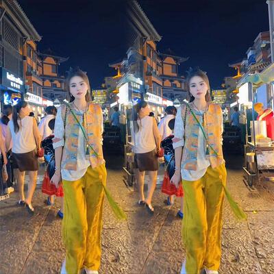 新中式复古提花气质国风超好看套装女春秋季马甲小衫裤子三件套潮
