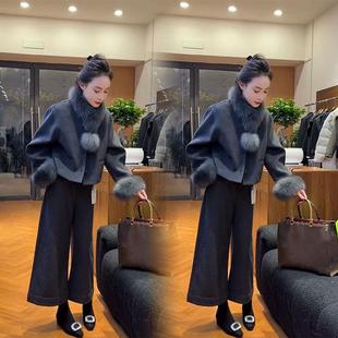 呢子外套女 新款 气质小香风仿狐狸毛领大衣名媛棉服女短款 2024冬季