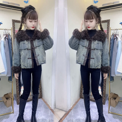 牛仔外套棉服加厚仿皮草羊羔毛