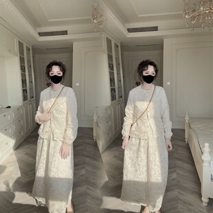 2025春新款蕾丝衬衫套装裙女镂空钩花长袖上衣休闲半身裙两件套潮