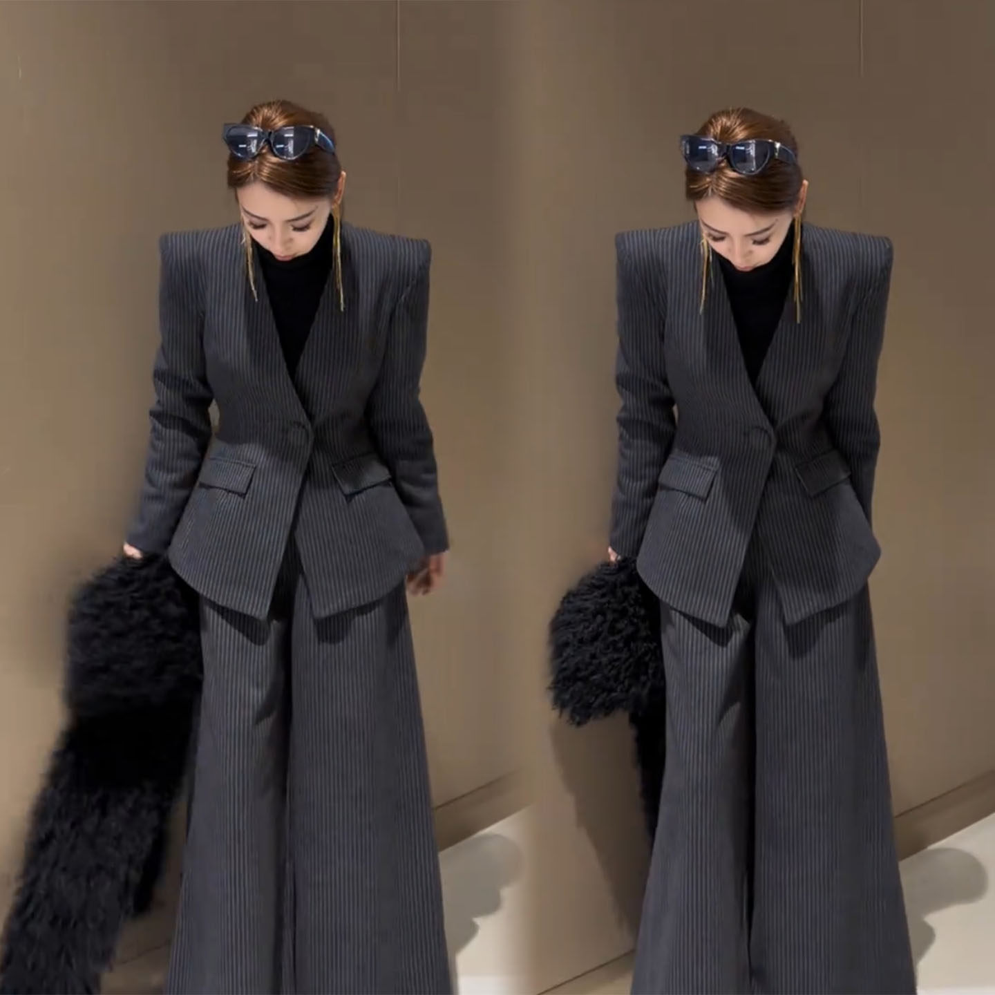 时尚轻奢风设计感职场穿搭两件套女秋冬季修身V领外套裤子两件套,女装/女士精品,时尚套装,淘宝优惠券,粉丝福利购,淘宝优惠卷