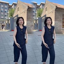 2025年夏季新款小个子时尚藏蓝色无袖上衣休闲阔腿裤子两件套装女