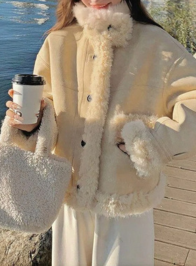复古立领麂皮绒外套女装2025冬季新款加厚保暖双面穿皮毛一体棉服