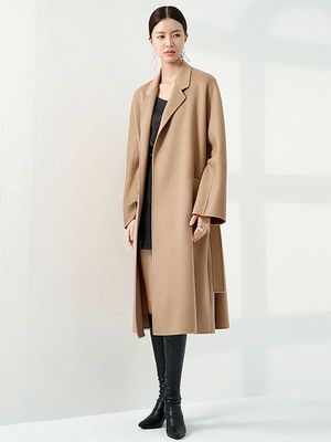 100纯山羊绒水波纹双面呢大衣女毛呢外套长款秋冬新款百搭