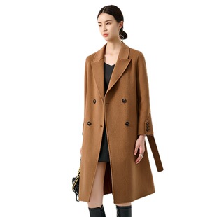 秋冬新款100纯山羊绒大衣小个子长款双面毛呢系带外套女