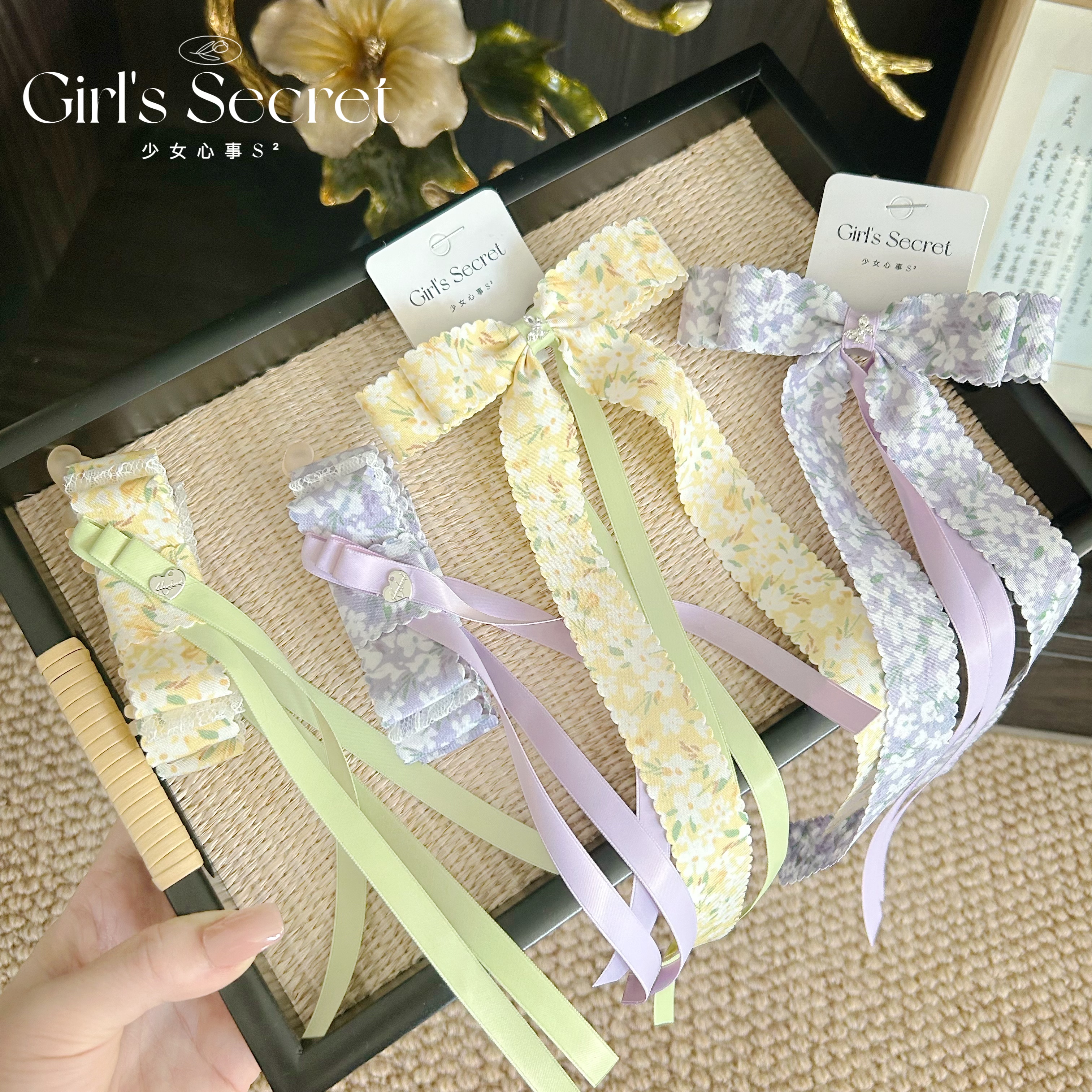碎花蝴蝶结飘带发夹甜美后脑勺