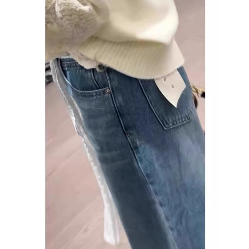大码复古蓝色牛仔裤女春夏胖mm梨形身材宽松高腰显瘦直筒阔腿裤子