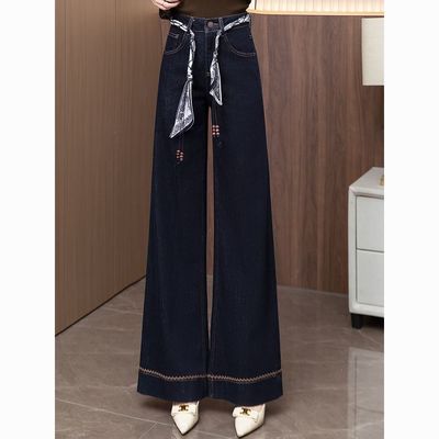 丹宁蓝阔腿微喇牛仔裤女2025