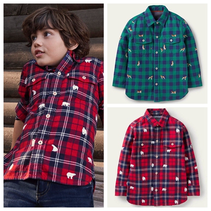 21 Winter New Yingdan Bd Boys' Clothing Cute Embroidered Animal Plaid Cotton Turn-Down Collar Long Sleeve Shirt 2 Colors