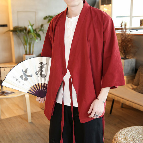 春夏新款中国风男式道袍日系无扣开衫棉麻汉服外套男式夹克功夫衫