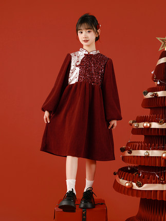 儿童公主裙红色女童秋冬连衣裙礼服冬装大童年过复古中国风子裙子