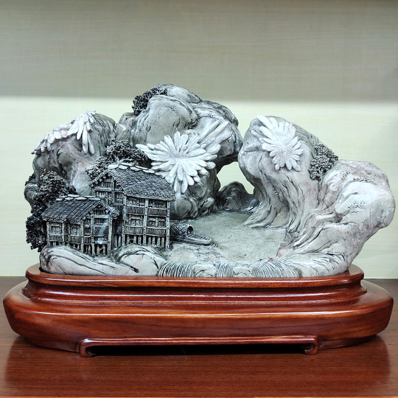 浏阳天然菊花石雕山水桌面摆件家居装饰观赏石客厅办公室工艺礼品