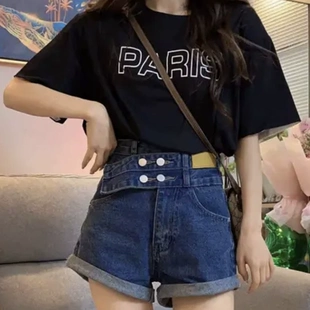 新款 T恤女潮 边字母短袖 2022夏季 韩版 显瘦百搭抽绳收腰露背撞色袖