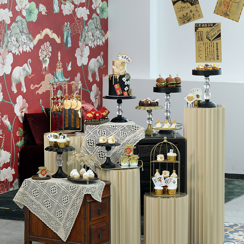 复古港风婚礼蛋糕盘 黑色水晶主蛋糕架 中式铁艺点心架甜品台道具