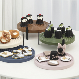 莫兰迪蛋糕盘 榉木波浪板甜品台托盘茶歇高脚盘 下午茶圆形糕点盘