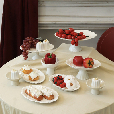 茶歇高脚陶瓷盘复古白色高脚盘家用高级感茶点盘婚礼甜品台蛋糕盘