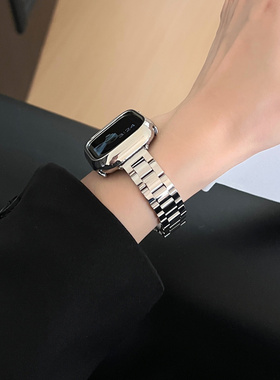 适用苹果手表applewatchs10亮面细三珠不锈钢表带iwatch109代表壳