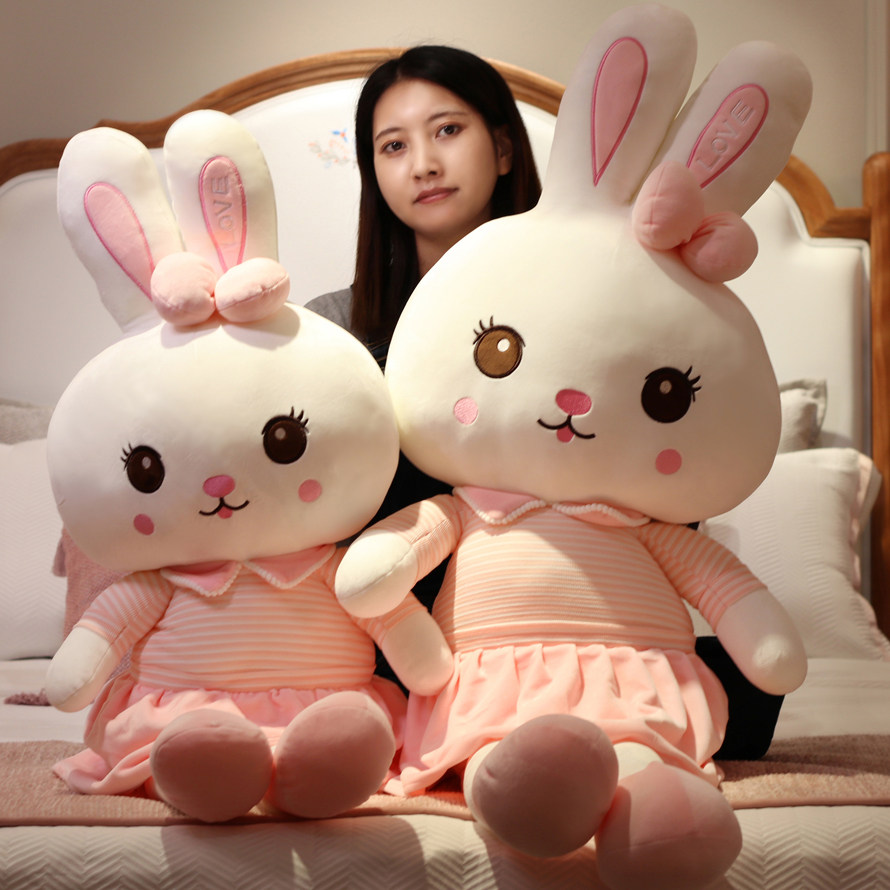 귀여운 플러시 장난감 토끼 헝겊 인형 침대 잠자는 베개 흰 토끼 인형 인형 소녀를위한 생일 선물