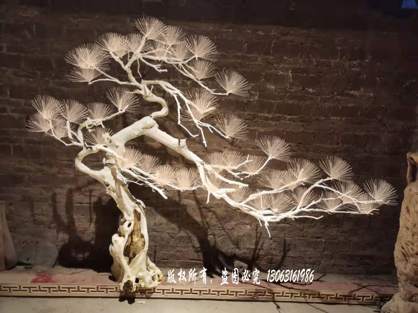 仿真迎客松摆件 大型松树造型树装饰树盆景树枝实木雕刻造景观树