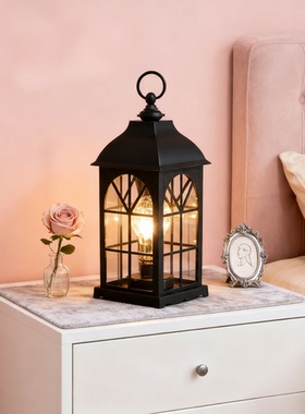 复古铁艺灯笼小夜灯卧室摆件