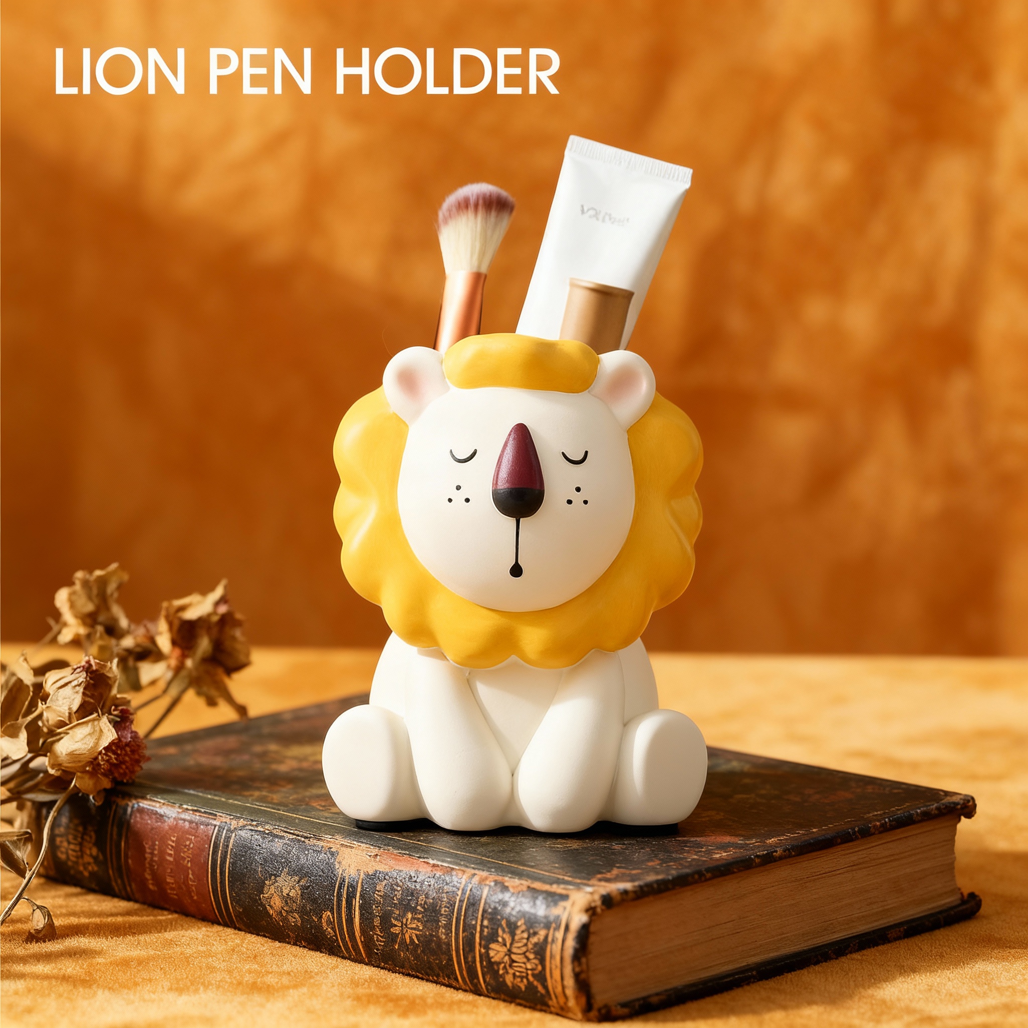 可爱狮子树脂笔筒桌面摆件收纳