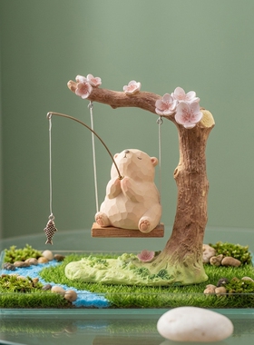 田园小熊钓鱼树脂桌面摆件送礼