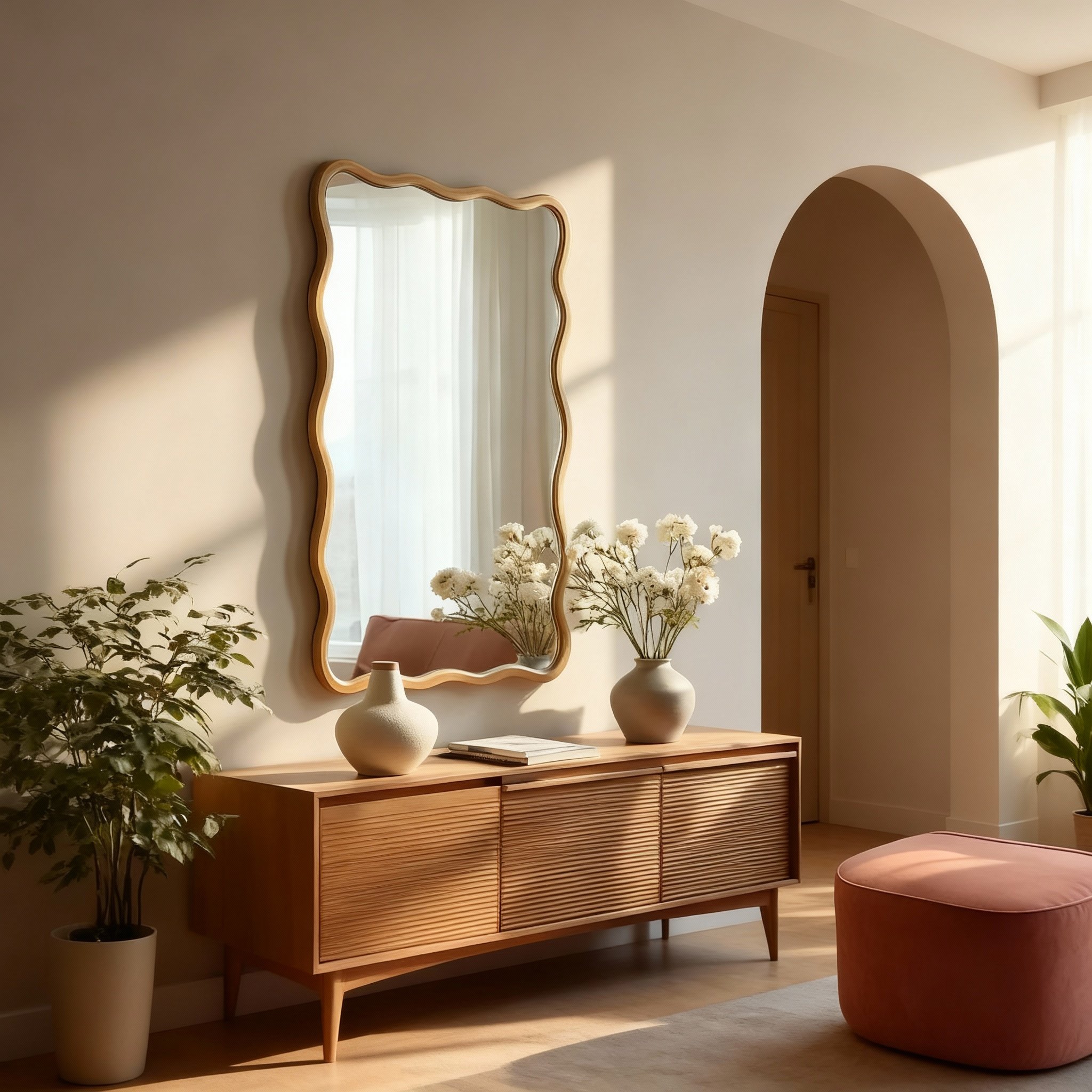 日式简约波浪边框装饰镜客厅壁挂全身镜现代原木风镜子,家居饰品,镜面画,淘宝优惠券,粉丝福利购,淘宝优惠卷