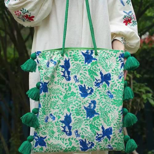 田园帆布托特包植物印花流苏