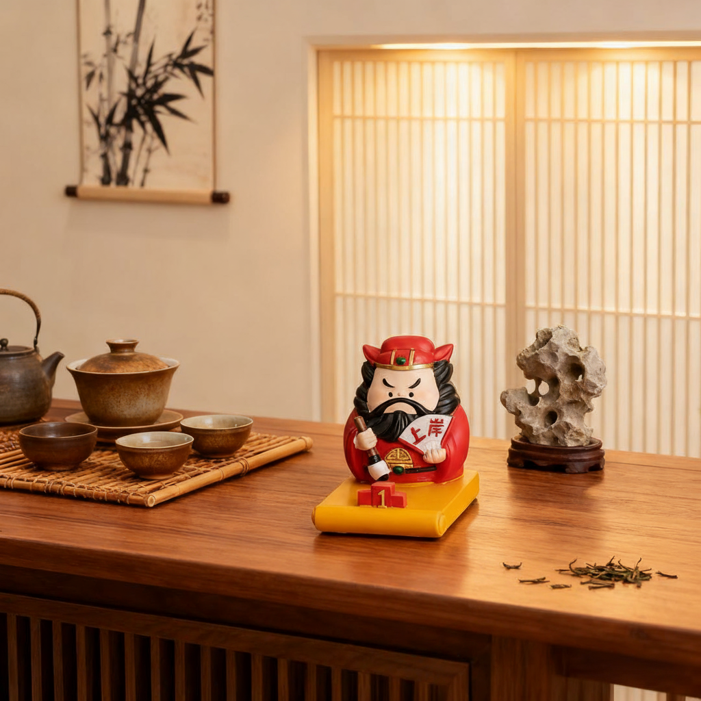 国潮财神爷树脂摆件内置手机支架