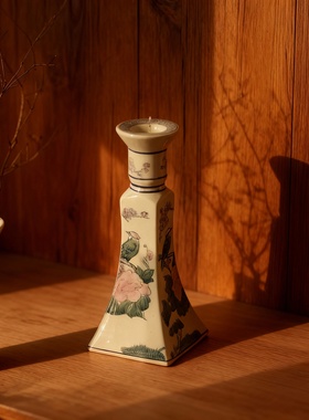 新中式手绘花鸟陶瓷烛台礼盒装